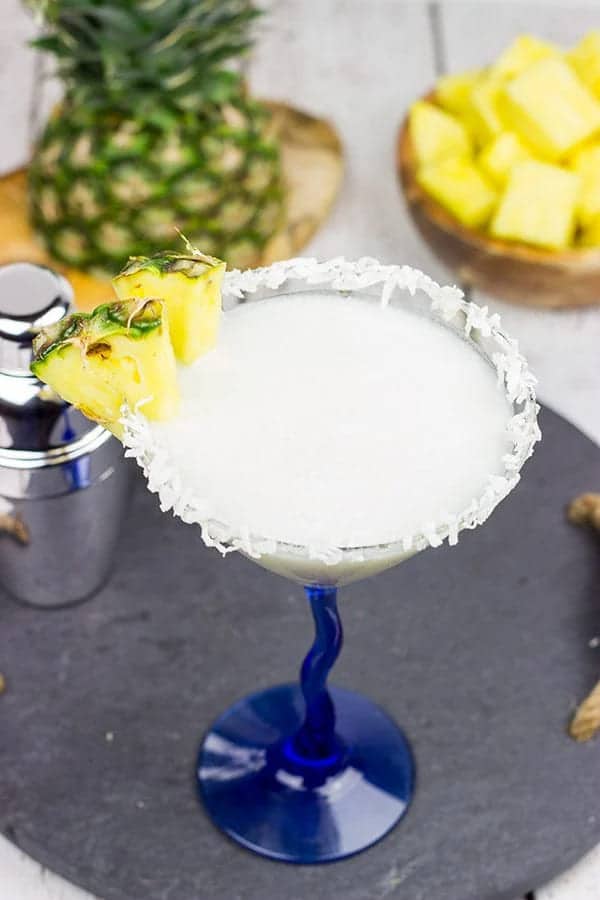 toasted coconut pineapple breeze drink served with pineapple chunks