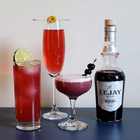 Creme de Cassis cocktails served in different kinds of glasses