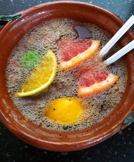 MECZAL CANTARITO DRINK CUP WITH GRAPEFRUIT AND LEMON WEDGES