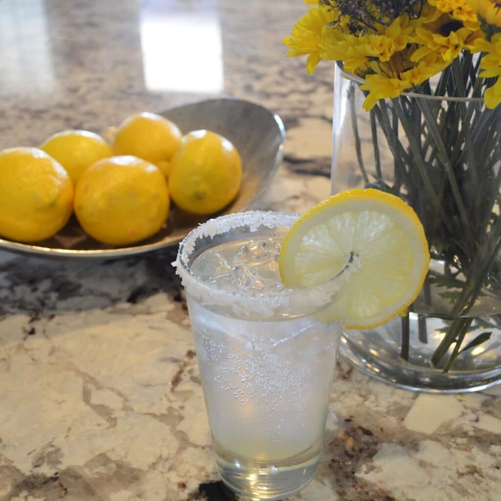 The Chilton cocktail in a salt rim glass and lemon wedges as garnish