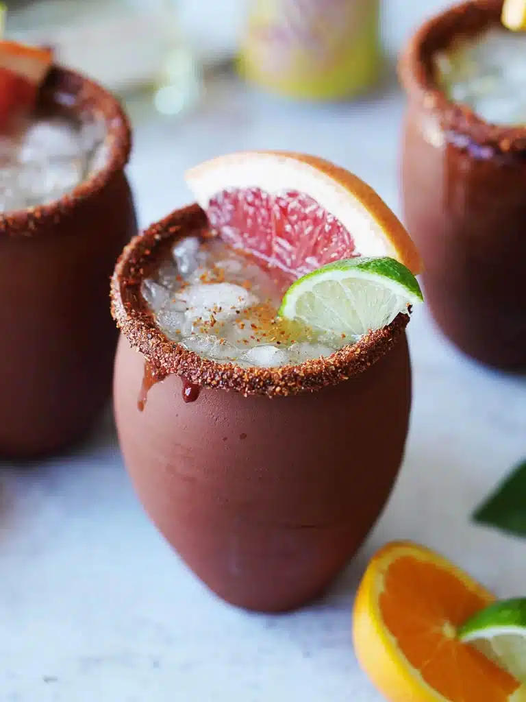 a traditional cantarito drink cup with a lemon wedge as garnish