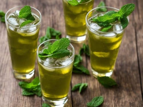 four glass of long beach iced tea garnished with mint leaves