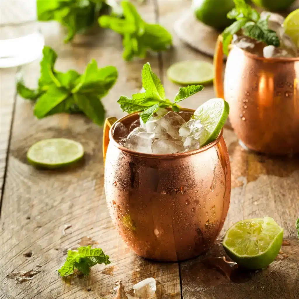 vanilla moscow mule in a copper cup with lemon wedges and mint as garnish