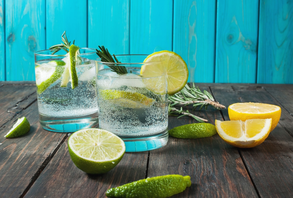 Alcoholic Drink Gin Tonic Cocktail With Lemon Rosemary And Ice