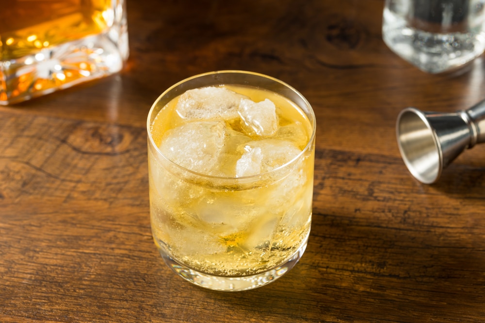 Boozy Refreshing Scotch And Soda With Ice In A Glass