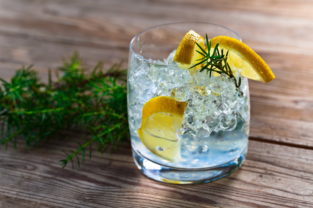 Gin And Tonic With Lemon And Ice On Wooden Table