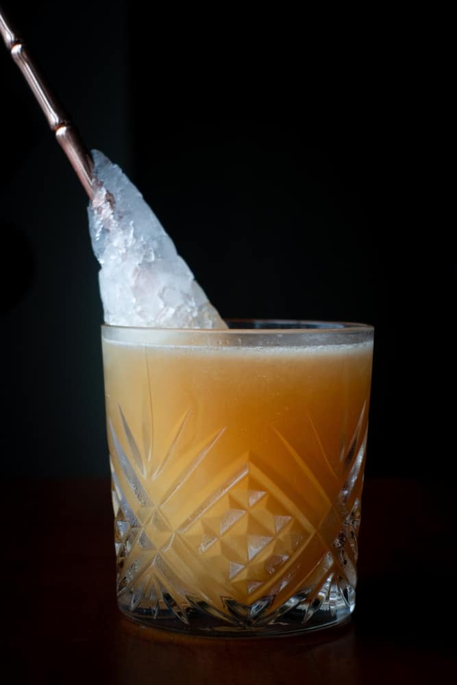 A view of a grog cocktail with ice in it