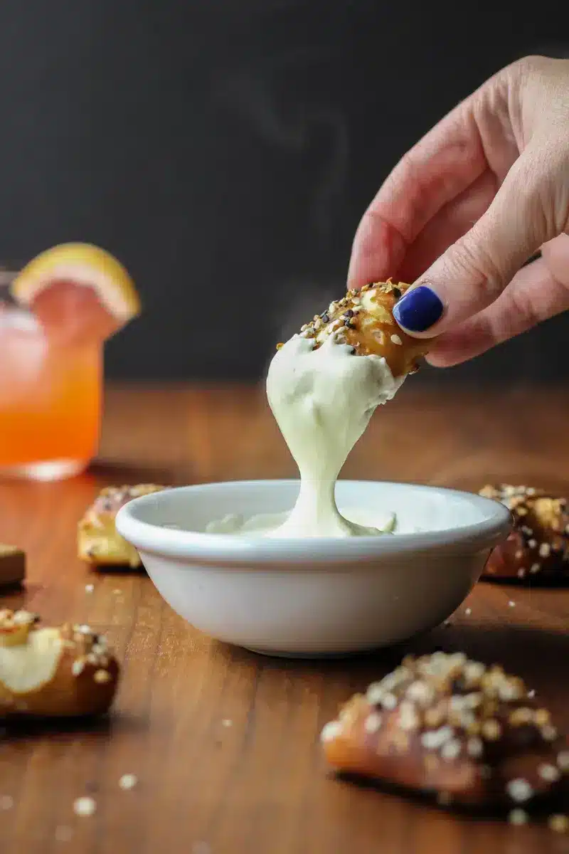 A view of a hand dipping of pretzels in cream with a greyhound cocktail served in the back