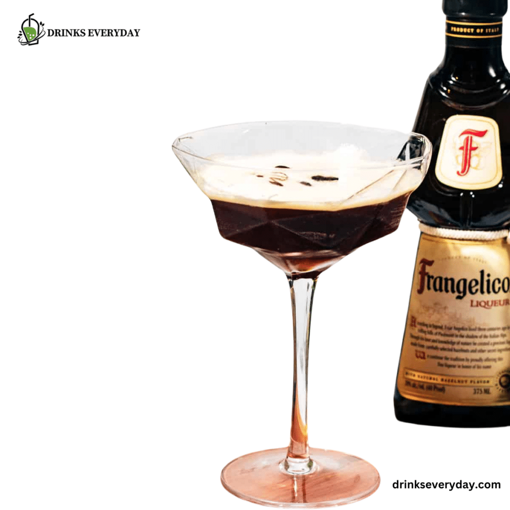 A view of a bottle of a Frangelico martini cocktail alongisde a bottle