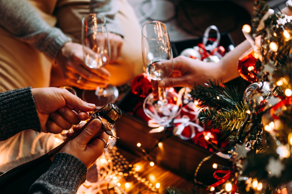 A view of people cheering their wine glasses during a Christmas party