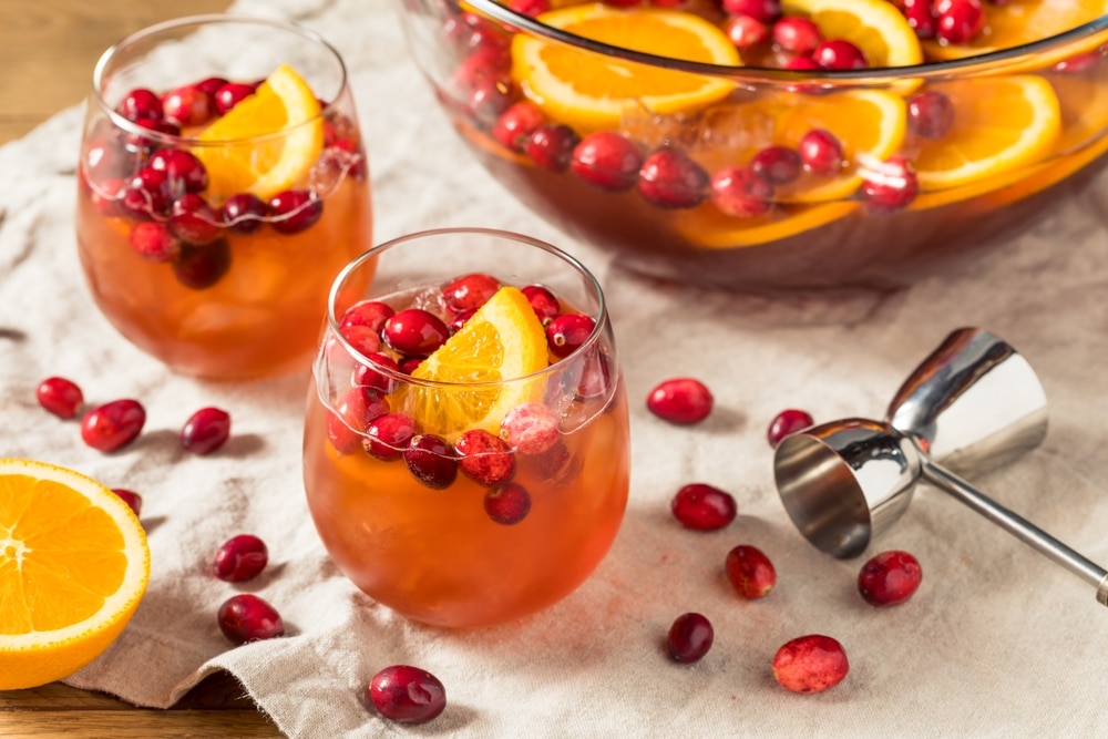 A view of two glasses of cranberry Christmas punch