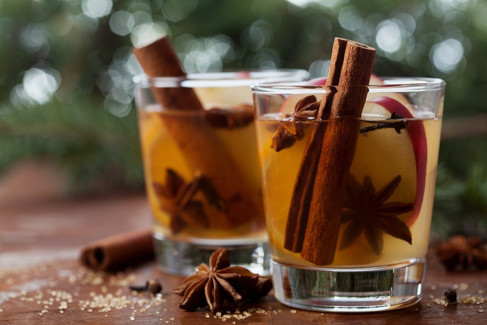 A view of two glasses of mulled apple cider