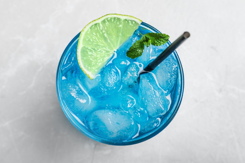 A top view of a blue lagoon cocktail