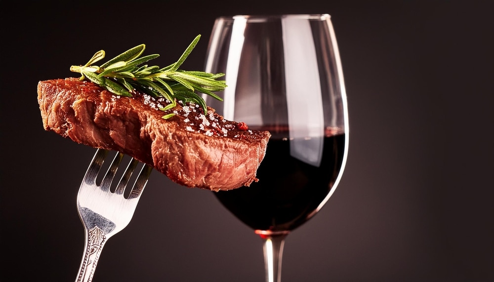 A view of a glass of red wine with steak on a fork