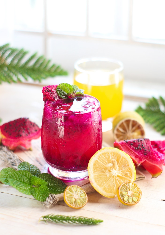 A view of a glass of dragon fruit lemonade